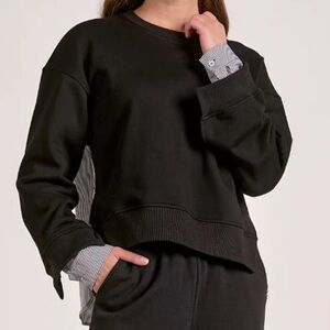 Elan Margot Long Sleeve Mixed Media Top Black Sweatshirt with Striped Accents